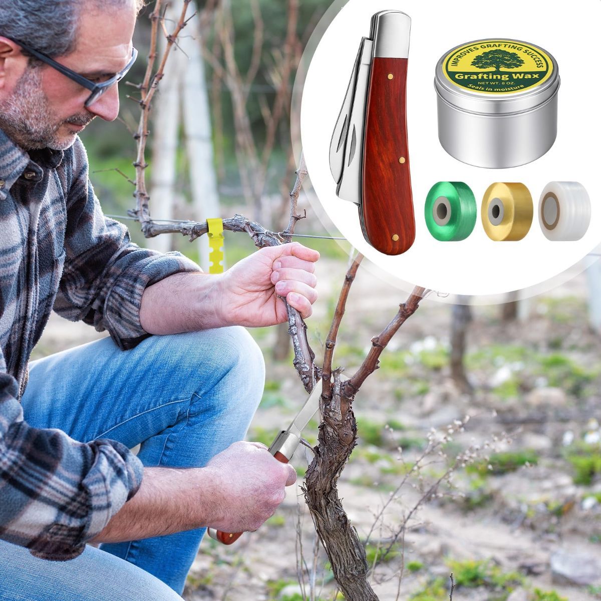 Grafting Tool Kit with Grafting Wax, Knife, Tape for Fruit Trees | Complete Grafting Set, 8 oz Wax, 2-5/8" Curved/straight Knife, 3 Tapes, 12 Labels, for Floral Budding, Garden Maintenance