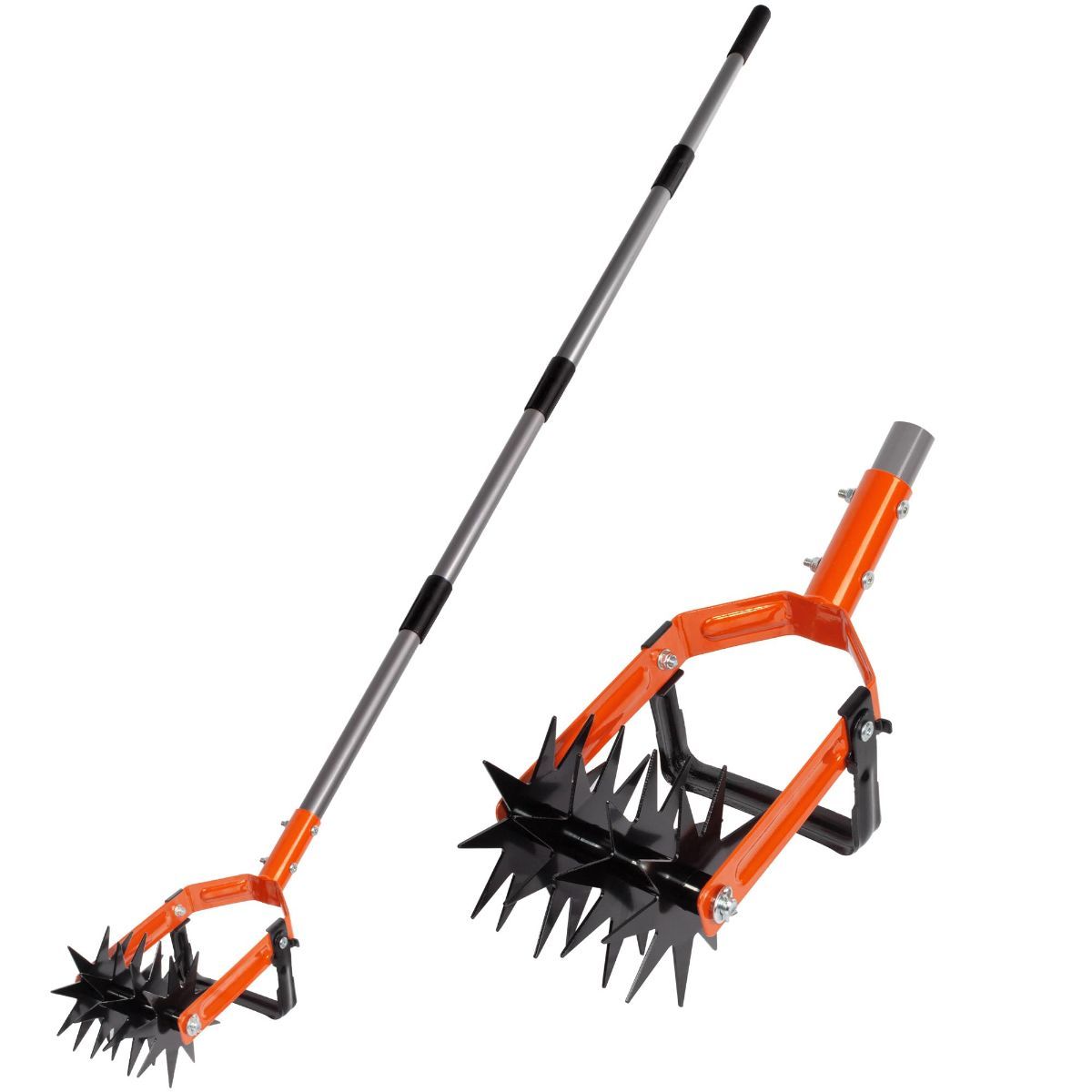 Rotary Cultivator Garden Tool, Tiller & Weeder & Stirrup Hoe | Star-shaped rotating tines break up soil clumps, while the hollow U-shaped blade removes weeds for garden beds and lawn care