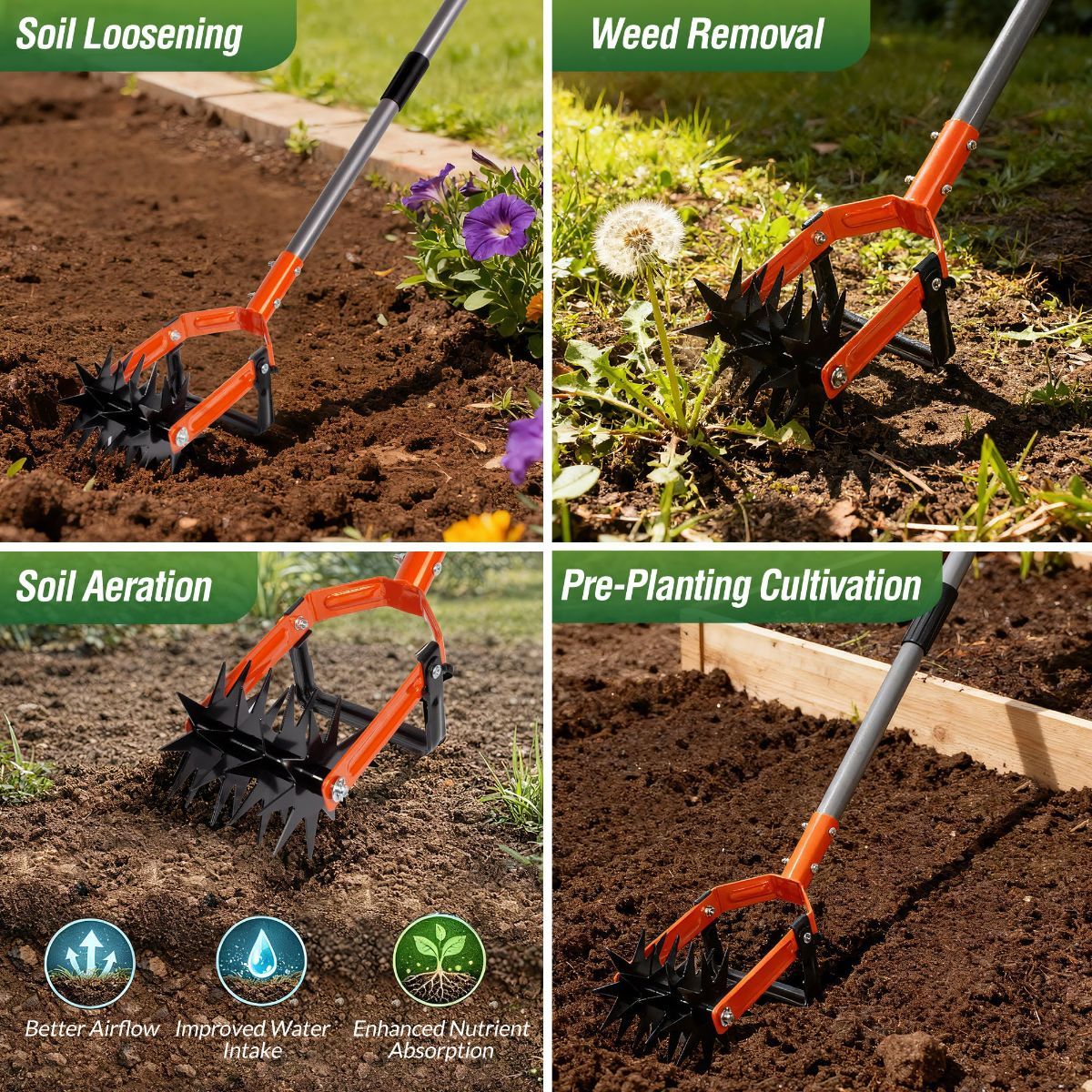 Rotary Cultivator Garden Tool, Tiller & Weeder & Stirrup Hoe | Star-shaped rotating tines break up soil clumps, while the hollow U-shaped blade removes weeds for garden beds and lawn care