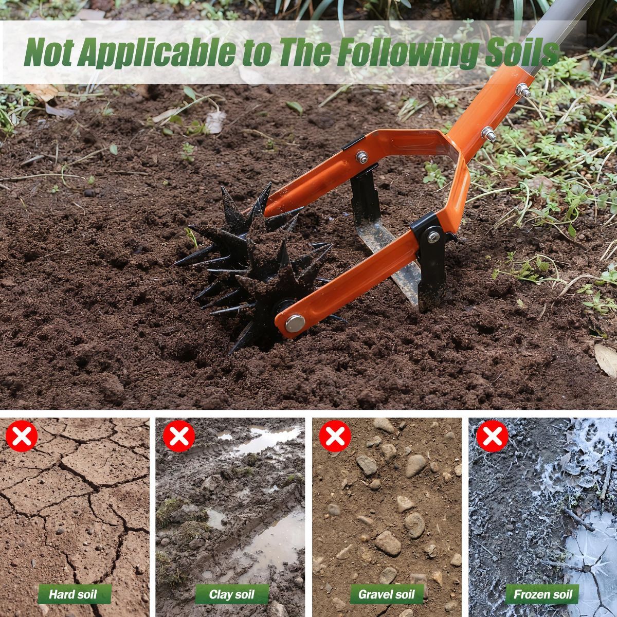 Rotary Cultivator Garden Tool, Tiller & Weeder & Stirrup Hoe | Star-shaped rotating tines break up soil clumps, while the hollow U-shaped blade removes weeds for garden beds and lawn care