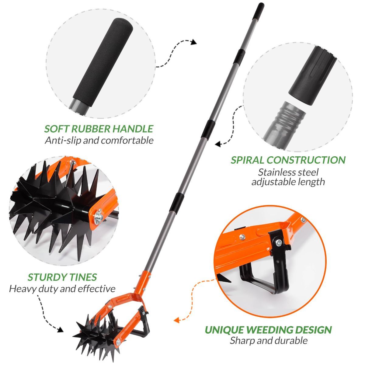 Rotary Cultivator Garden Tool, Tiller & Weeder & Stirrup Hoe | Star-shaped rotating tines break up soil clumps, while the hollow U-shaped blade removes weeds for garden beds and lawn care