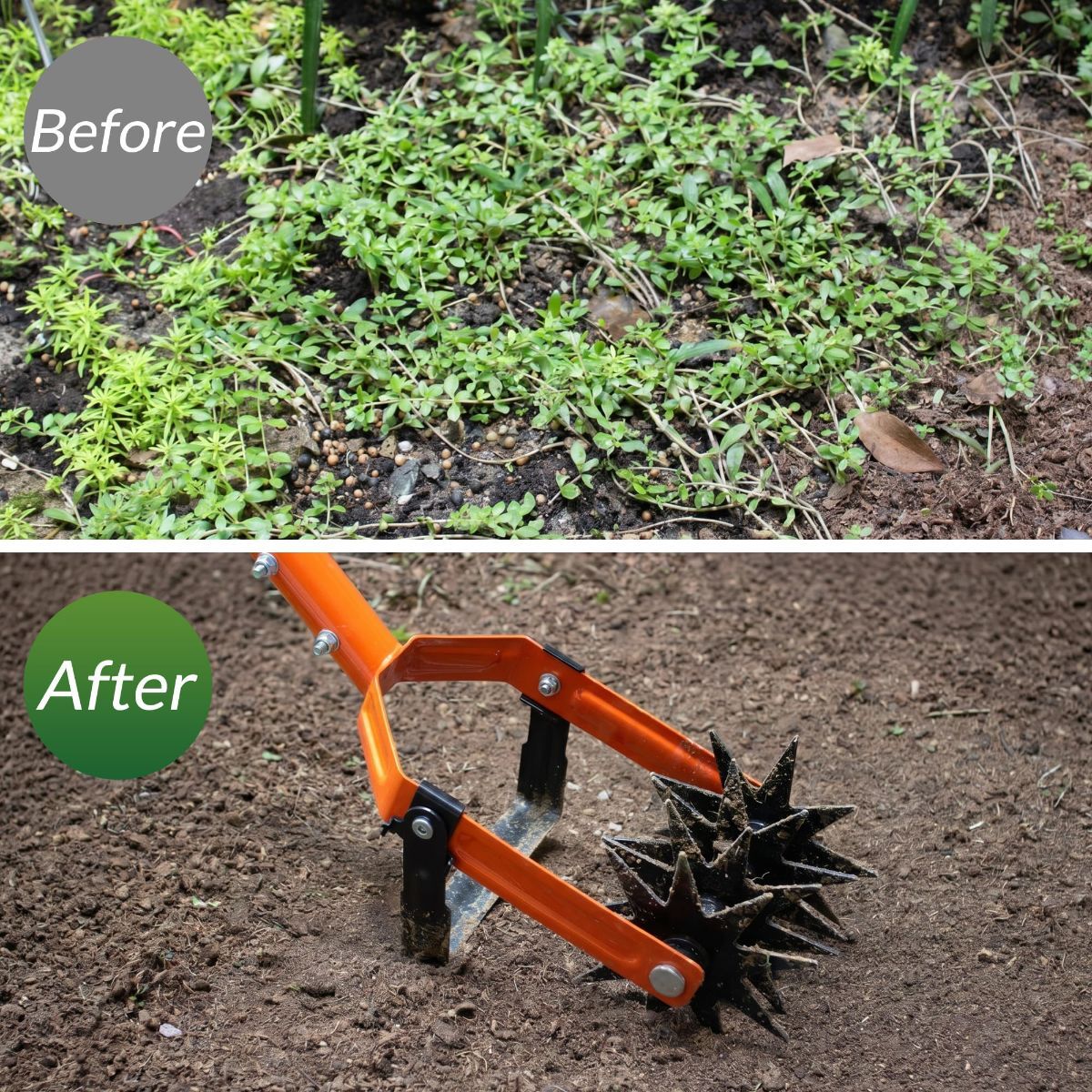 Rotary Cultivator Garden Tool, Tiller & Weeder & Stirrup Hoe | Star-shaped rotating tines break up soil clumps, while the hollow U-shaped blade removes weeds for garden beds and lawn care