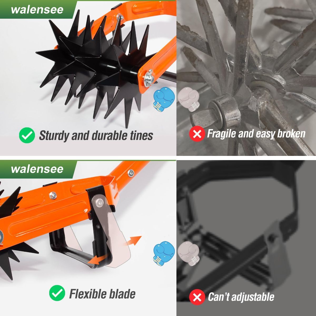 Rotary Cultivator Garden Tool, Tiller & Weeder & Stirrup Hoe | Star-shaped rotating tines break up soil clumps, while the hollow U-shaped blade removes weeds for garden beds and lawn care