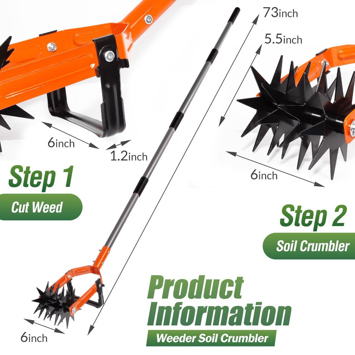 Rotary Cultivator Garden Tool, Tiller & Weeder & Stirrup Hoe | Star-shaped rotating tines break up soil clumps, while the hollow U-shaped blade removes weeds for garden beds and lawn care