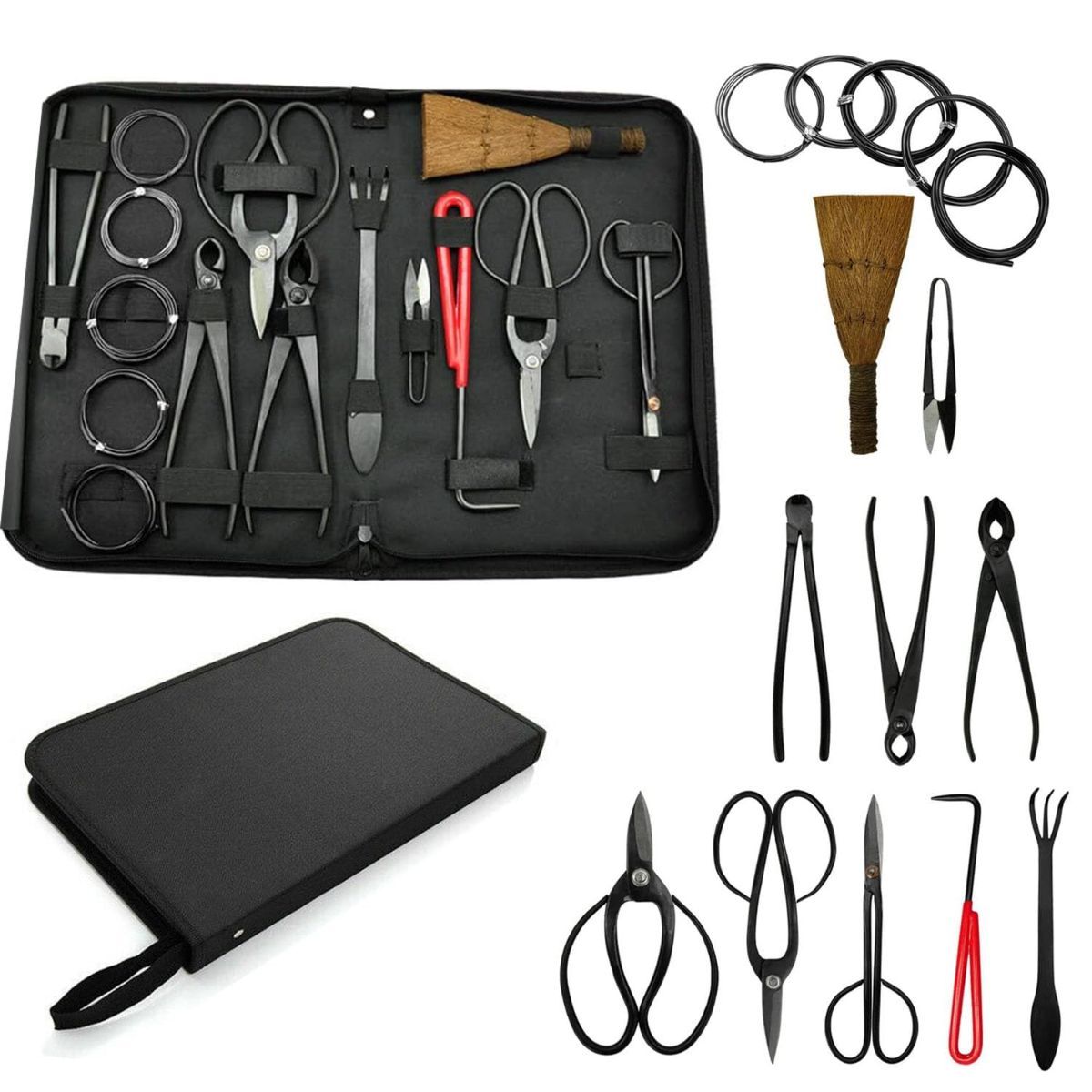 Gardening Bonsai Tool Sets 15pcs Carbon Steel Garden Plant Trimming Kit Scissor Cutter Shear Heavy Duty Nylon Case Outdoor Entrenching Tools