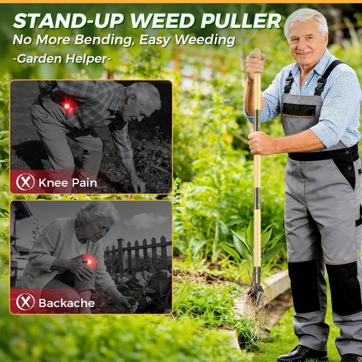 Weed Puller Tool, Stand Up Heavy Duty Weed Remover Tool with Long Handle – 4-Claw Steel Head Weeder for Dandelions, Bamboo Garden Hand Weeding Tool, No Kneeling for Easy Root Removal