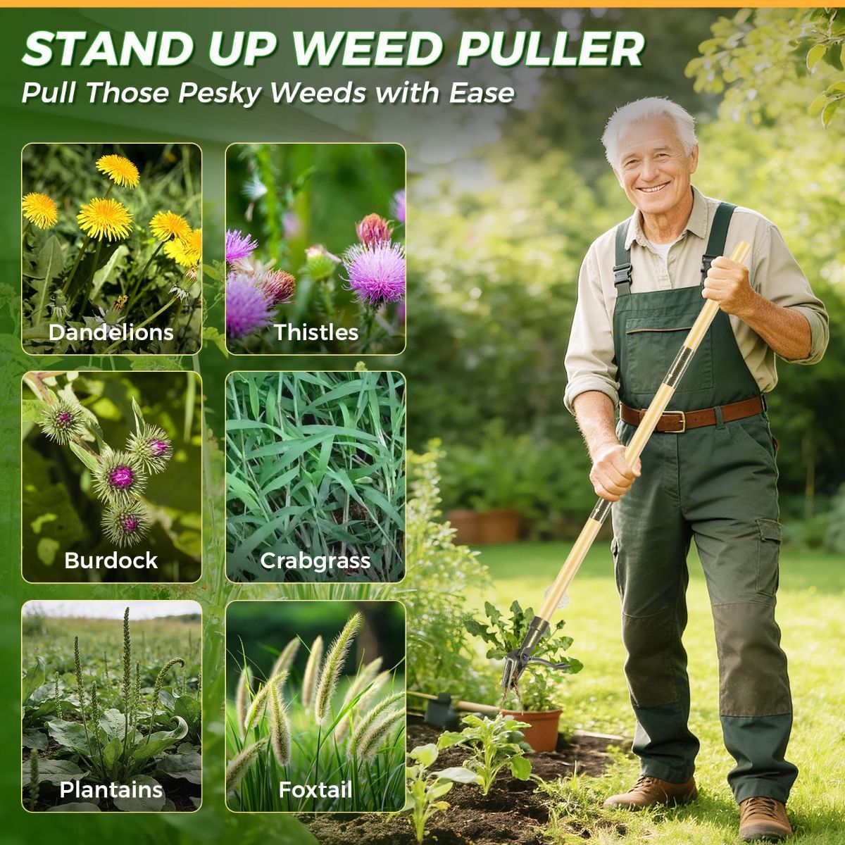 Weed Puller Tool, Stand Up Heavy Duty Weed Remover Tool with Long Handle – 4-Claw Steel Head Weeder for Dandelions, Bamboo Garden Hand Weeding Tool, No Kneeling for Easy Root Removal