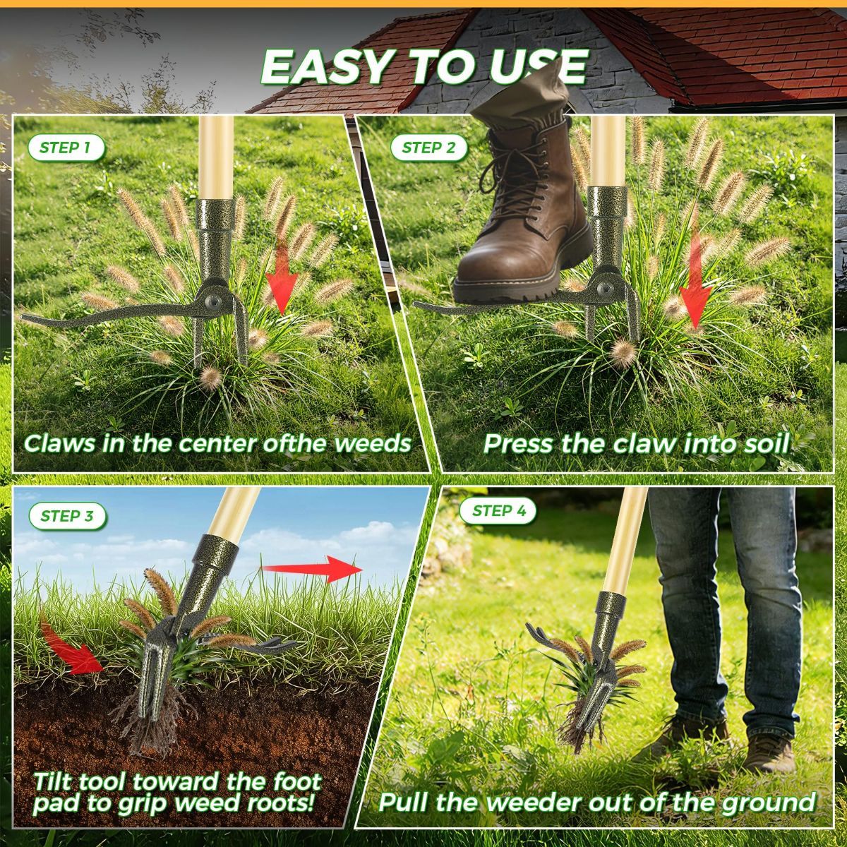 Weed Puller Tool, Stand Up Heavy Duty Weed Remover Tool with Long Handle – 4-Claw Steel Head Weeder for Dandelions, Bamboo Garden Hand Weeding Tool, No Kneeling for Easy Root Removal