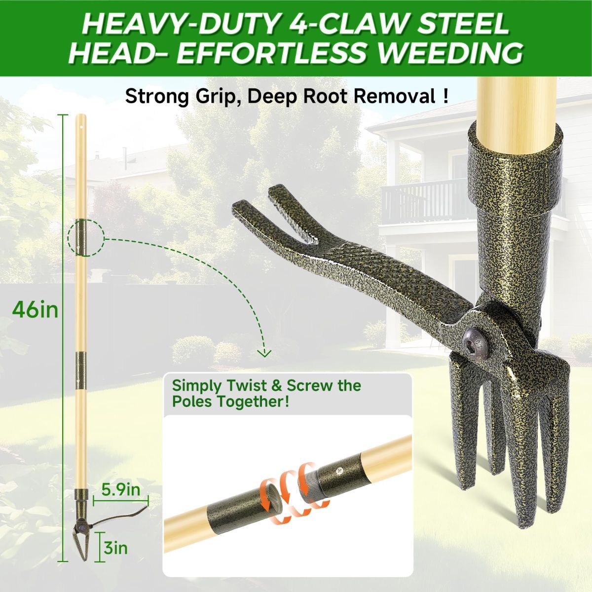 Weed Puller Tool, Stand Up Heavy Duty Weed Remover Tool with Long Handle – 4-Claw Steel Head Weeder for Dandelions, Bamboo Garden Hand Weeding Tool, No Kneeling for Easy Root Removal