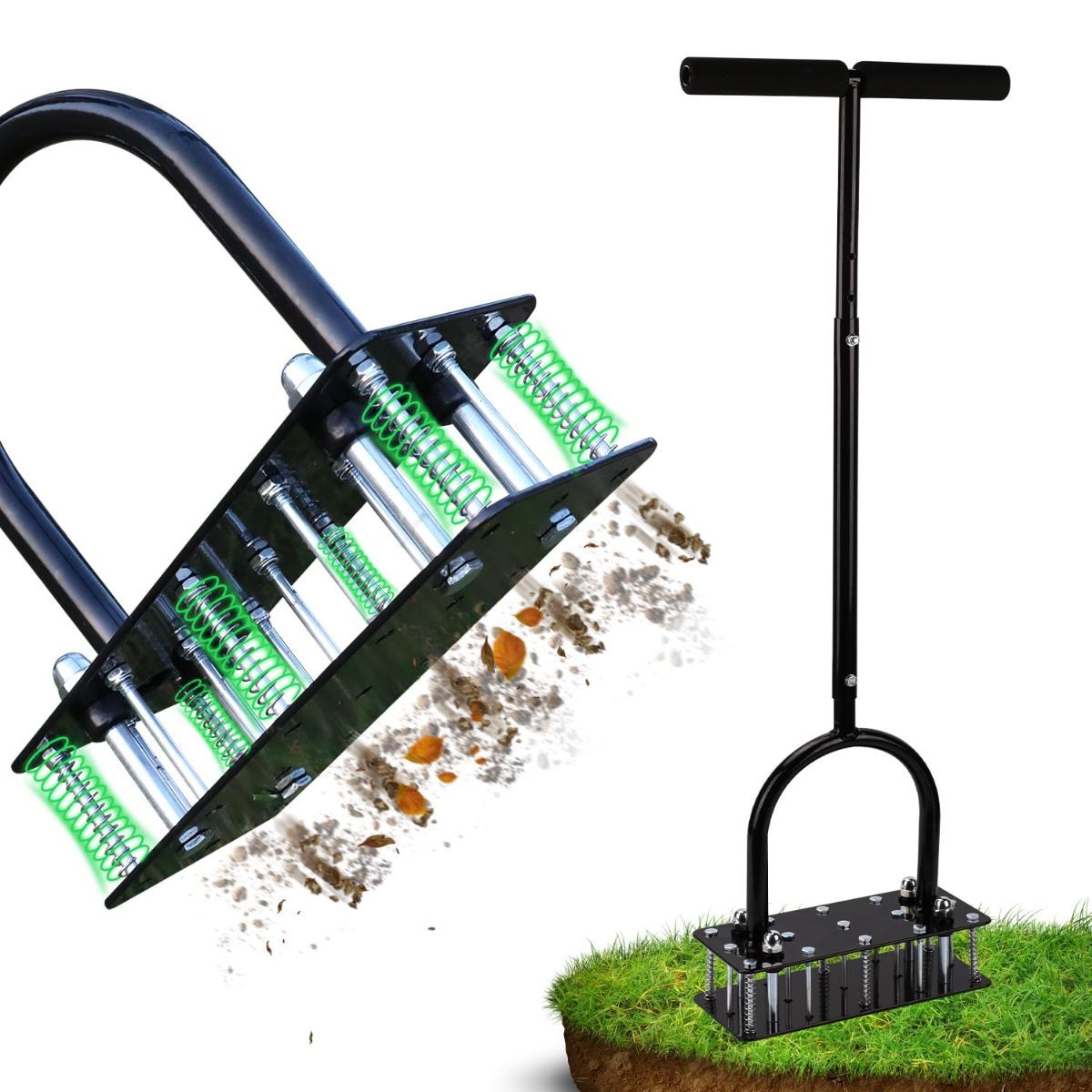 Lawn Aerator, Automatic Dirt and Leaf Clean Design, Heavy Duty Manual Lawn Aerator Tool with 15 Iron Spikes, Height Adjustable, Yard Grass Aerator for Lawn(Black)