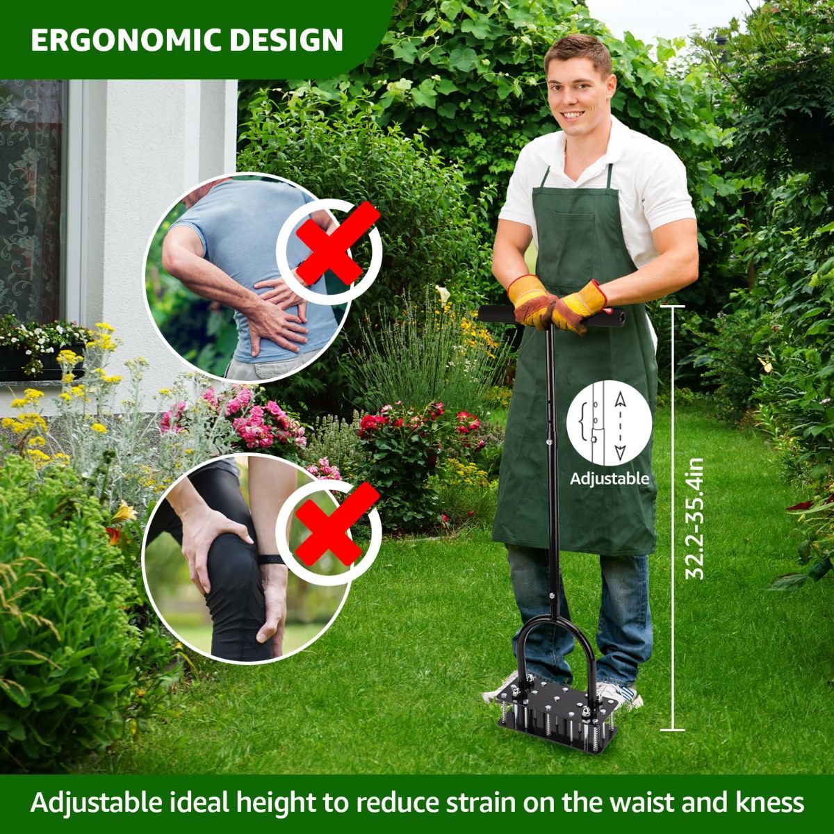 Lawn Aerator, Automatic Dirt and Leaf Clean Design, Heavy Duty Manual Lawn Aerator Tool with 15 Iron Spikes, Height Adjustable, Yard Grass Aerator for Lawn(Black)