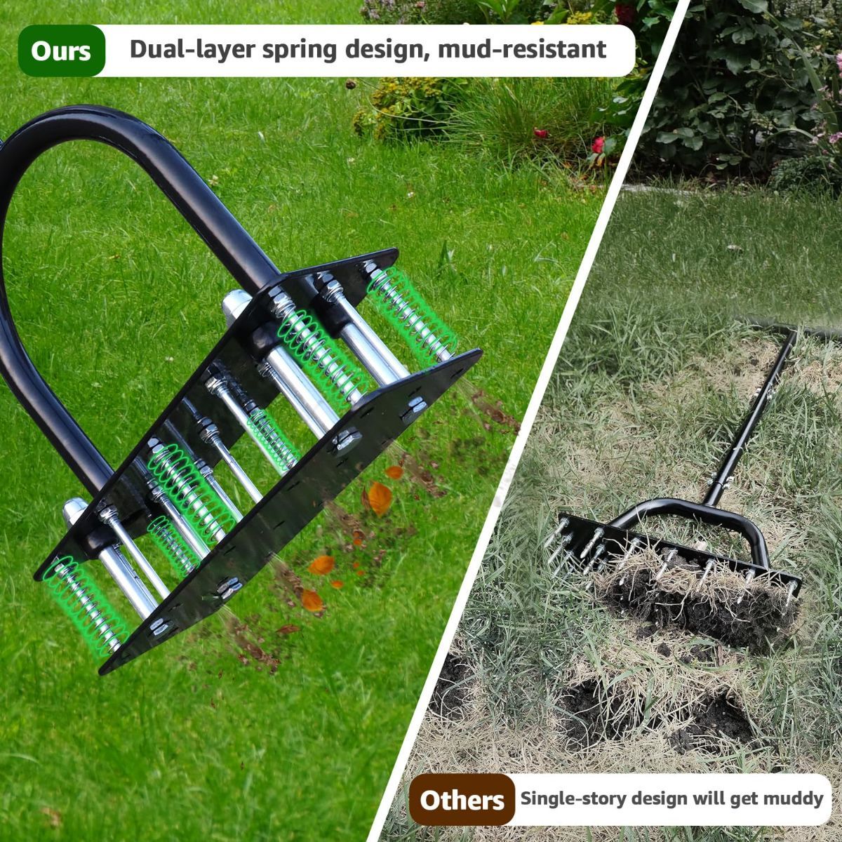 Lawn Aerator, Automatic Dirt and Leaf Clean Design, Heavy Duty Manual Lawn Aerator Tool with 15 Iron Spikes, Height Adjustable, Yard Grass Aerator for Lawn(Black)