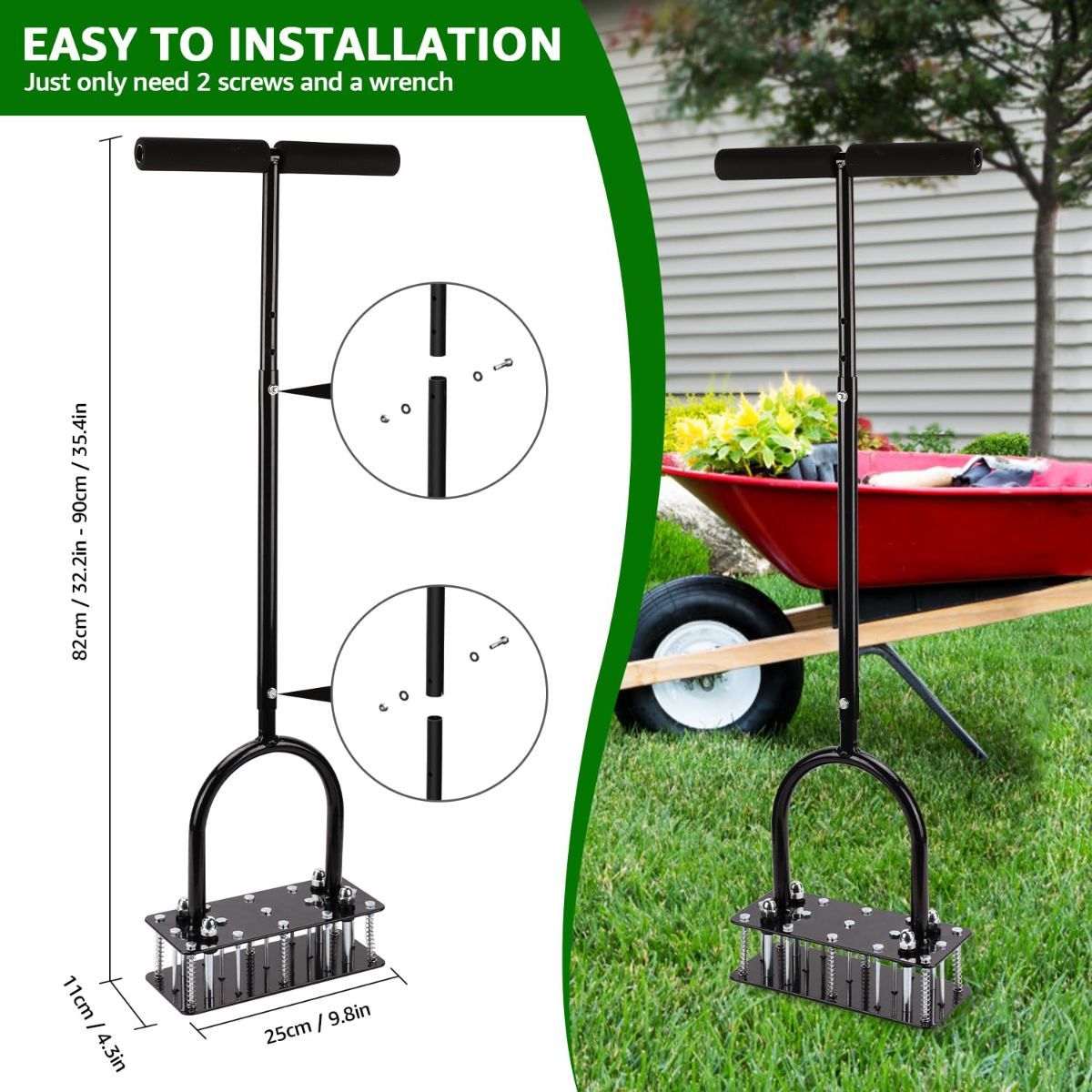 Lawn Aerator, Automatic Dirt and Leaf Clean Design, Heavy Duty Manual Lawn Aerator Tool with 15 Iron Spikes, Height Adjustable, Yard Grass Aerator for Lawn(Black)