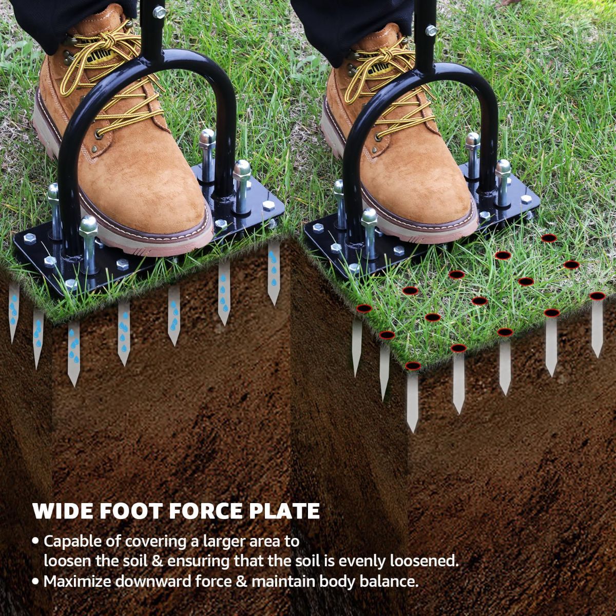 Lawn Aerator, Automatic Dirt and Leaf Clean Design, Heavy Duty Manual Lawn Aerator Tool with 15 Iron Spikes, Height Adjustable, Yard Grass Aerator for Lawn(Black)