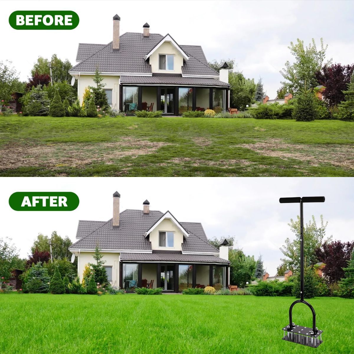 Lawn Aerator, Automatic Dirt and Leaf Clean Design, Heavy Duty Manual Lawn Aerator Tool with 15 Iron Spikes, Height Adjustable, Yard Grass Aerator for Lawn(Black)