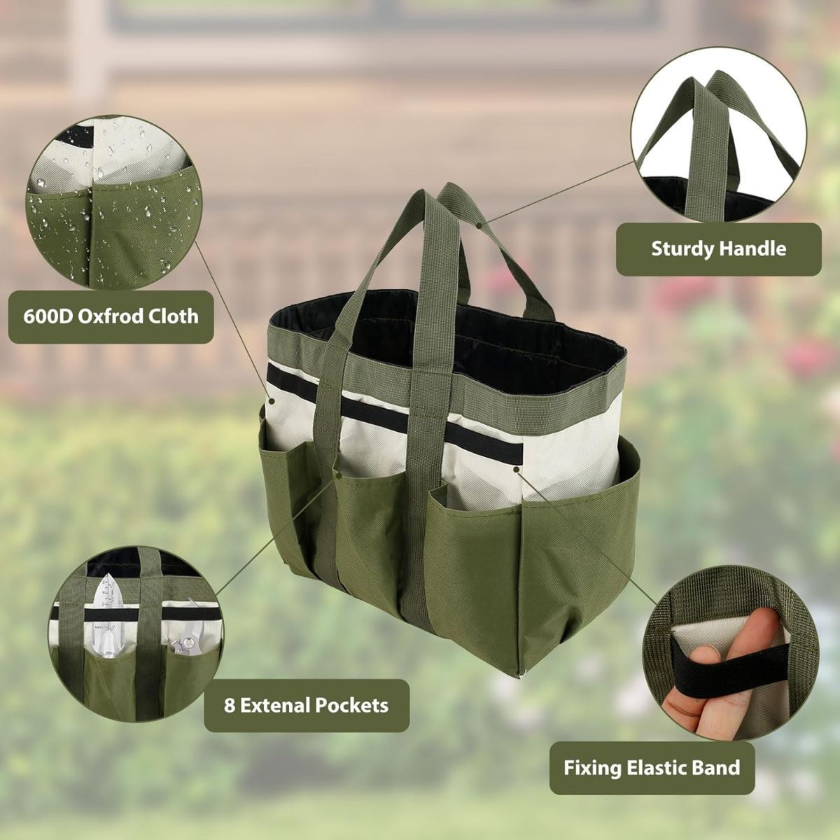 Garden Tool Bag Organizer, Tote Storage Bag with 8 Pocket, Heavy Duty Oxford Garden Tote Caddy, Gardening Tool Kit Holder for Indoor and Outdoor, Gifts for Men Women