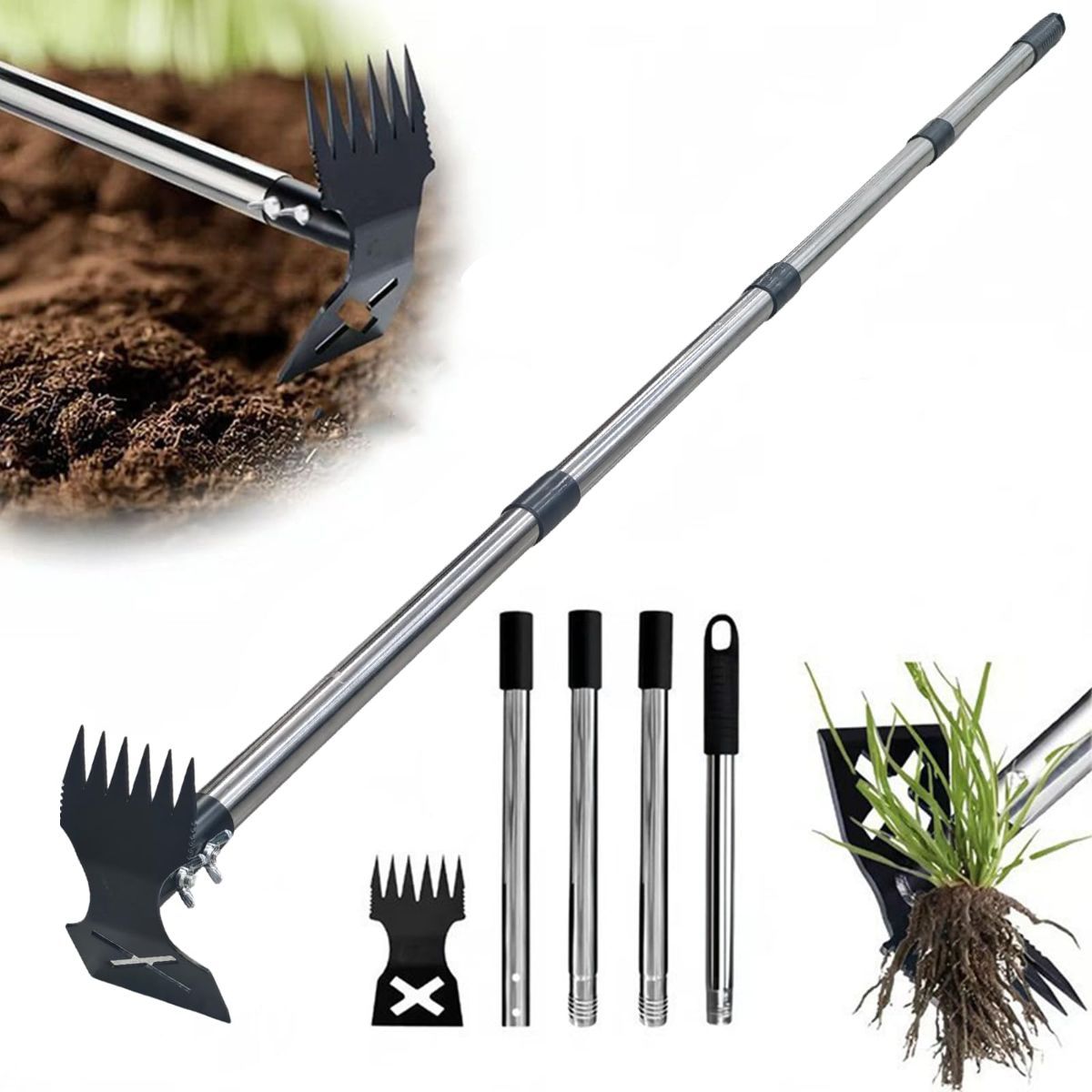 60" Weed Puller Tool with Long Handle | Heavy Duty 2-in-1 Weed Rake and Garden Hoe, Manual Weed Remover Tool for Yard, Lawn, Patio, Garden