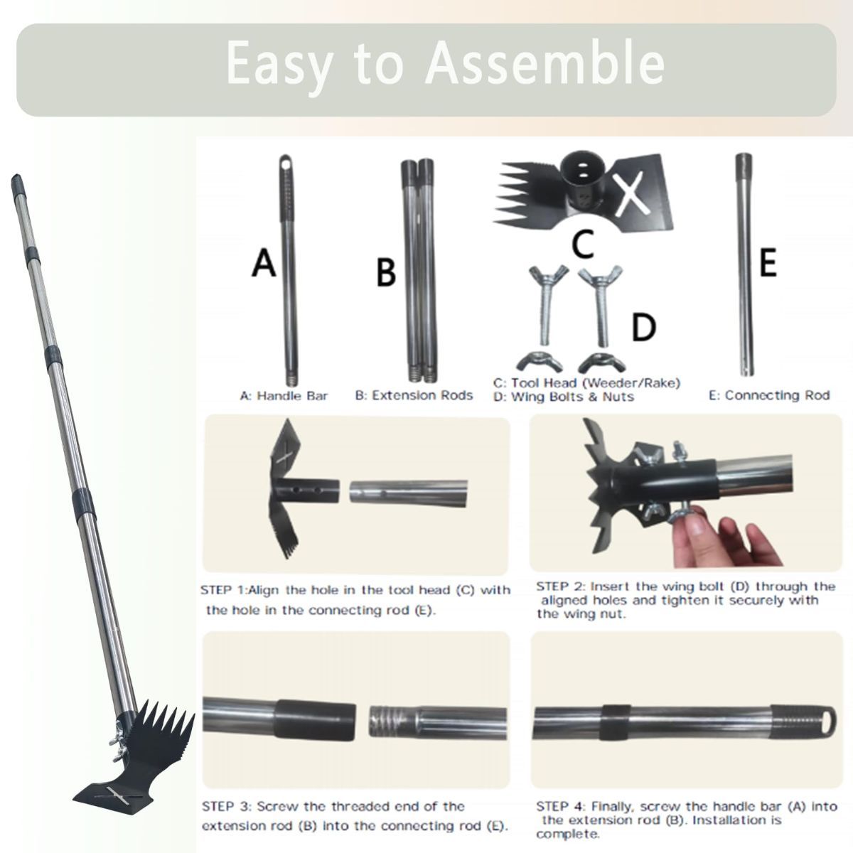 60" Weed Puller Tool with Long Handle | Heavy Duty 2-in-1 Weed Rake and Garden Hoe, Manual Weed Remover Tool for Yard, Lawn, Patio, Garden