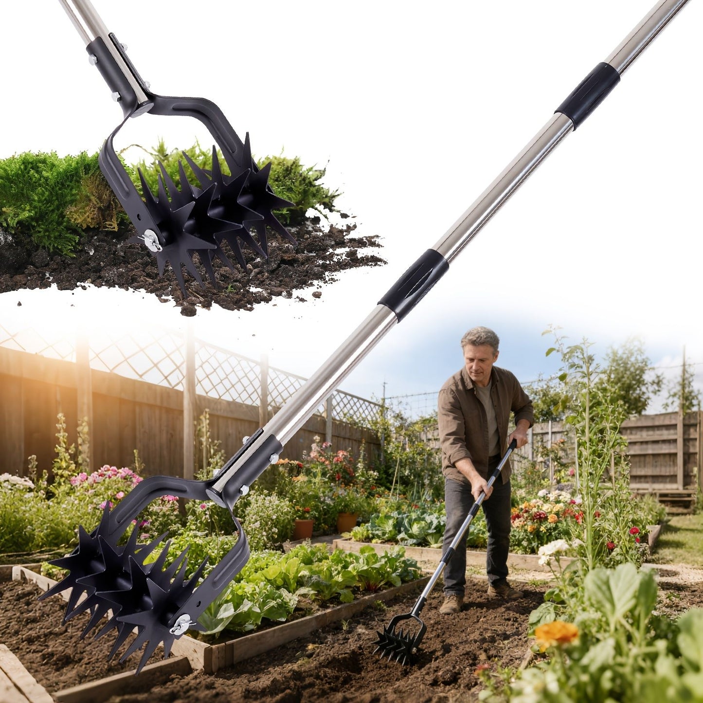Garden Hand-Held Rotating Tiller for Home and Garden Soil Cultivation-Black