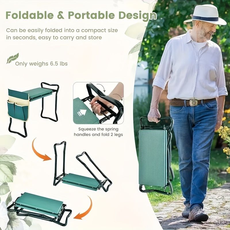 Folding Garden Kneeler and Seat with Pockets-Green