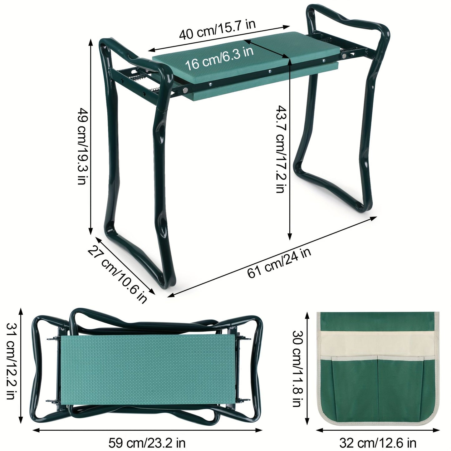 Folding Garden Kneeler and Seat with Pockets-Green