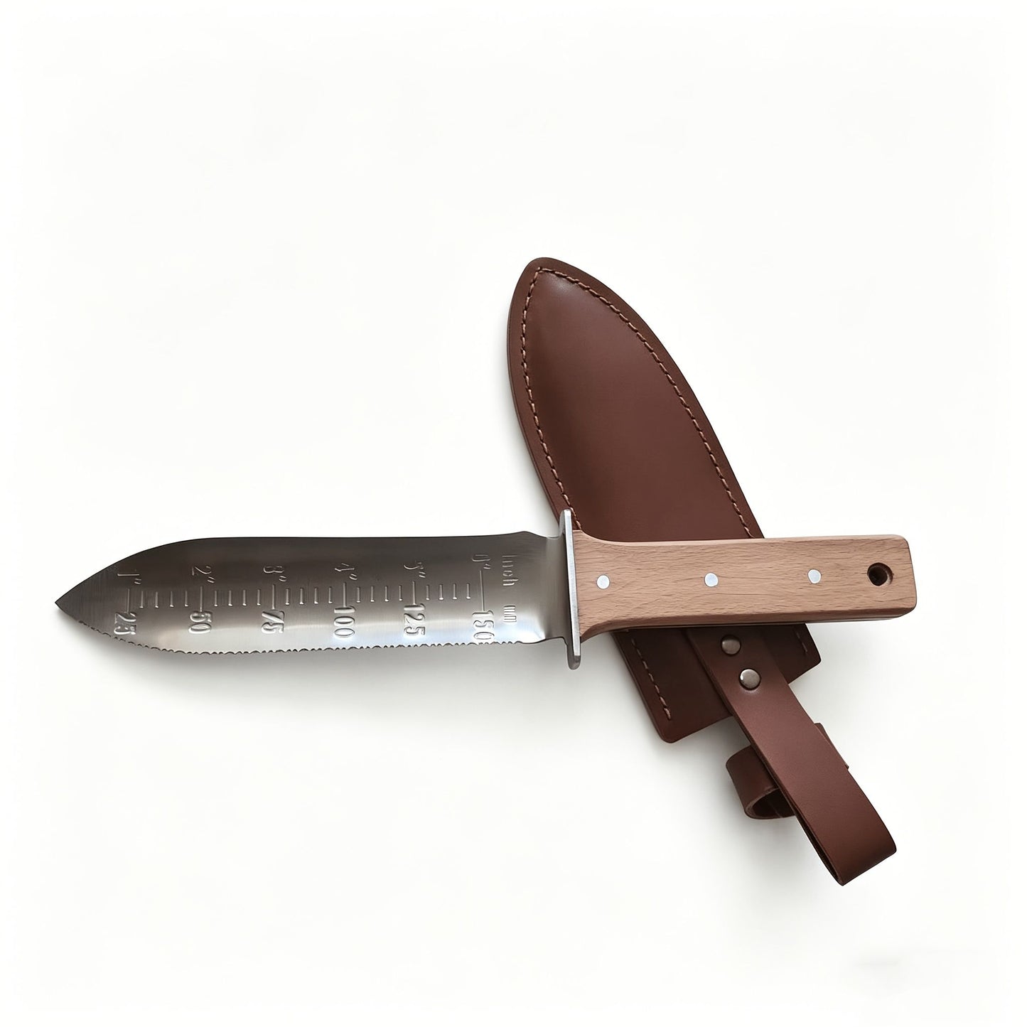 Measuring Gardening Knife with Leather Sheath for Precise Garden Work-Brown