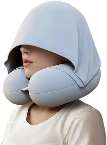 Travel Pillow with Hoodie – Memory Foam Neck Support, Soft & Comfortable, Elastic Removable Washable Cover – First-Class Comfort for Flights, Road Trips, and Sleep - Blue - Size 30cm*29cm*10cm