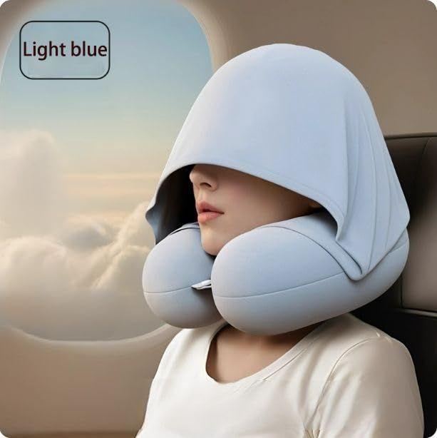 Travel Pillow with Hoodie – Memory Foam Neck Support, Soft & Comfortable, Elastic Removable Washable Cover – First-Class Comfort for Flights, Road Trips, and Sleep - Blue - Size 30cm*29cm*10cm