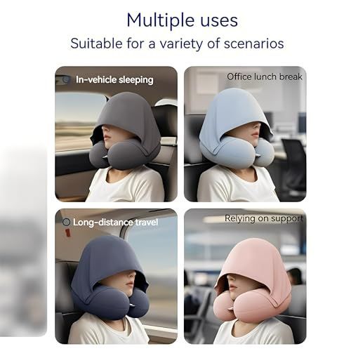 Travel Pillow with Hoodie – Memory Foam Neck Support, Soft & Comfortable, Elastic Removable Washable Cover – First-Class Comfort for Flights, Road Trips, and Sleep - Blue - Size 30cm*29cm*10cm