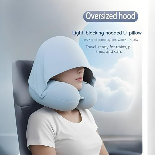 Travel Pillow with Hoodie – Memory Foam Neck Support, Soft & Comfortable, Elastic Removable Washable Cover – First-Class Comfort for Flights, Road Trips, and Sleep - Gray - Size 30cm*29cm*10cm