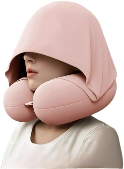 Travel Pillow with Hoodie – Memory Foam Neck Support, Soft & Comfortable, Elastic Removable Washable Cover – First-Class Comfort for Flights, Road Trips, and Sleep - Pink - Size 30cm*29cm*10cm