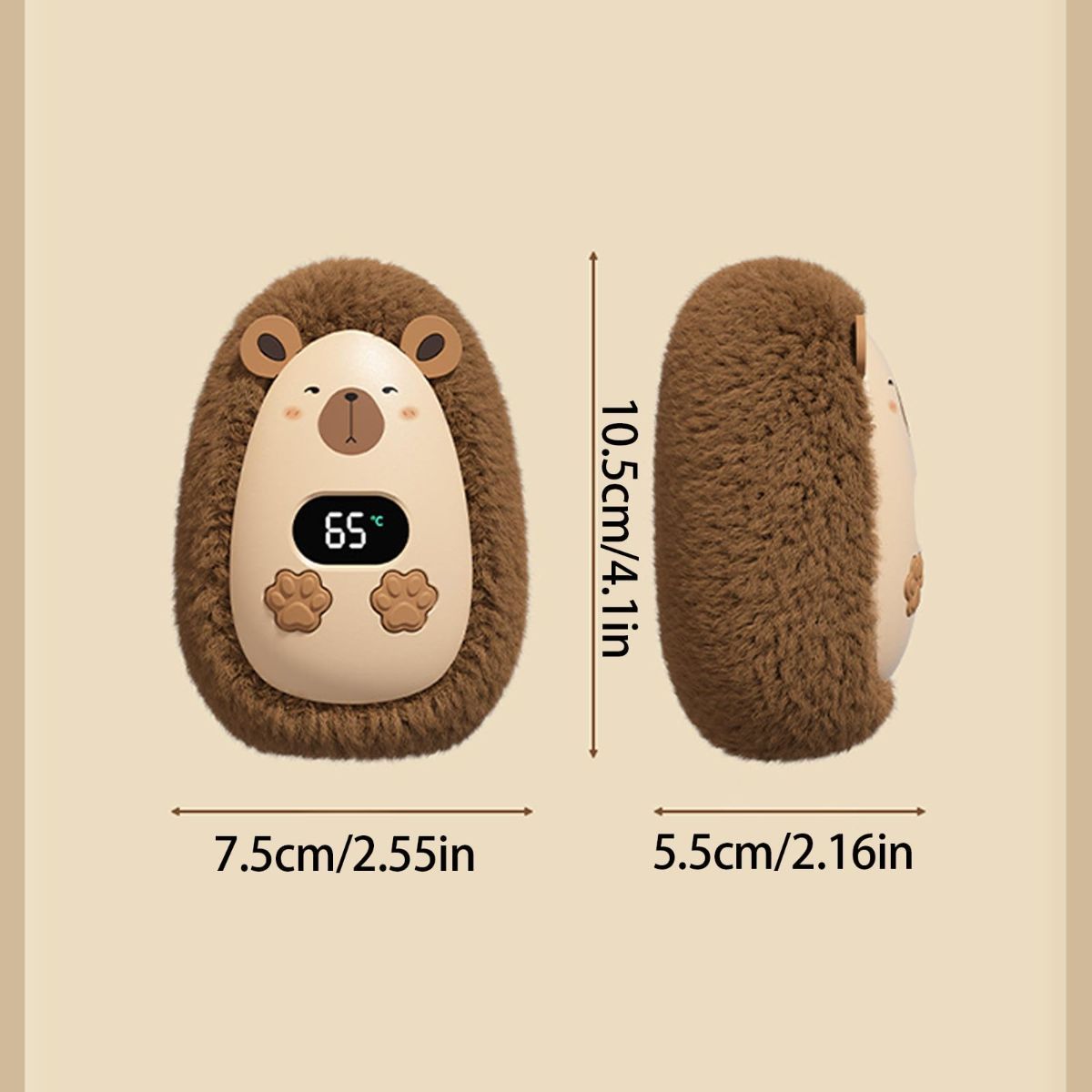Rechargeable Hand Warmer Plush Animal Hand Warmer USB Hand Warmer 3-Setting - Brown - Size Fits Adult Hands