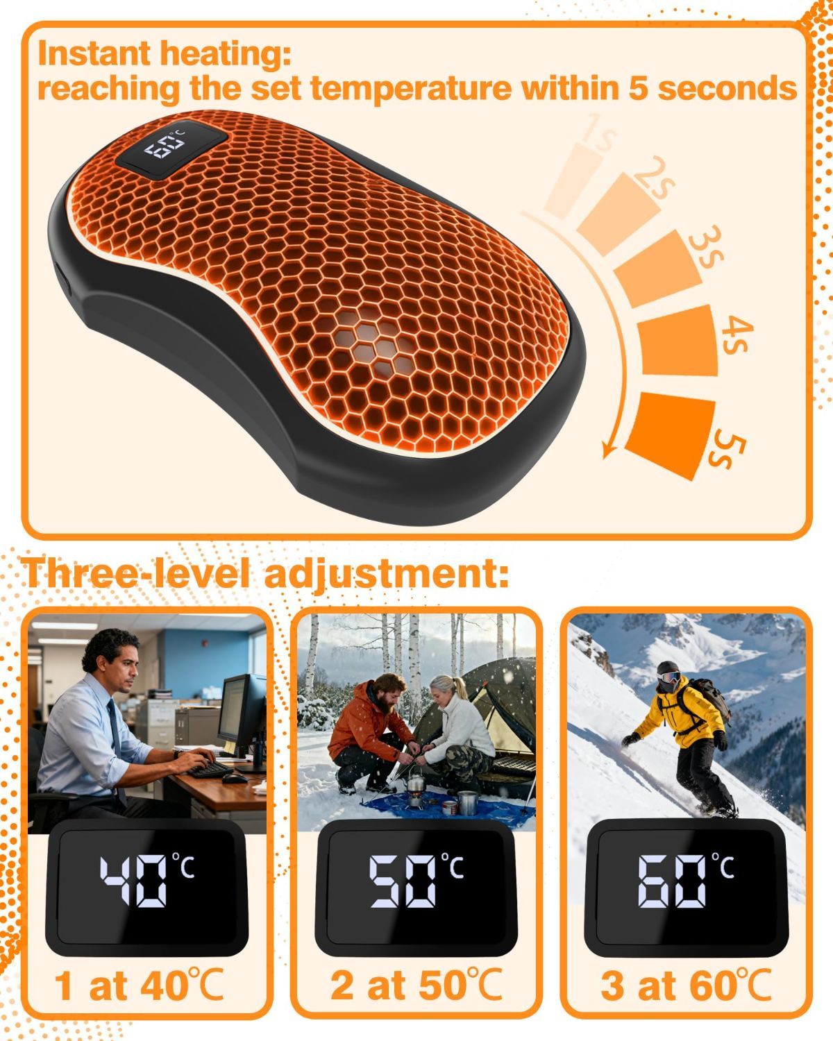 Hand Warmers Rechargeable 2 Pack,Portable Digital Display Pocket Electric hot Hands,Magnetic Battery Powered Heater. Outdoor, Golf, Hunting, Camping Accessories, Gifts - Black - Size Fits Adult Hands