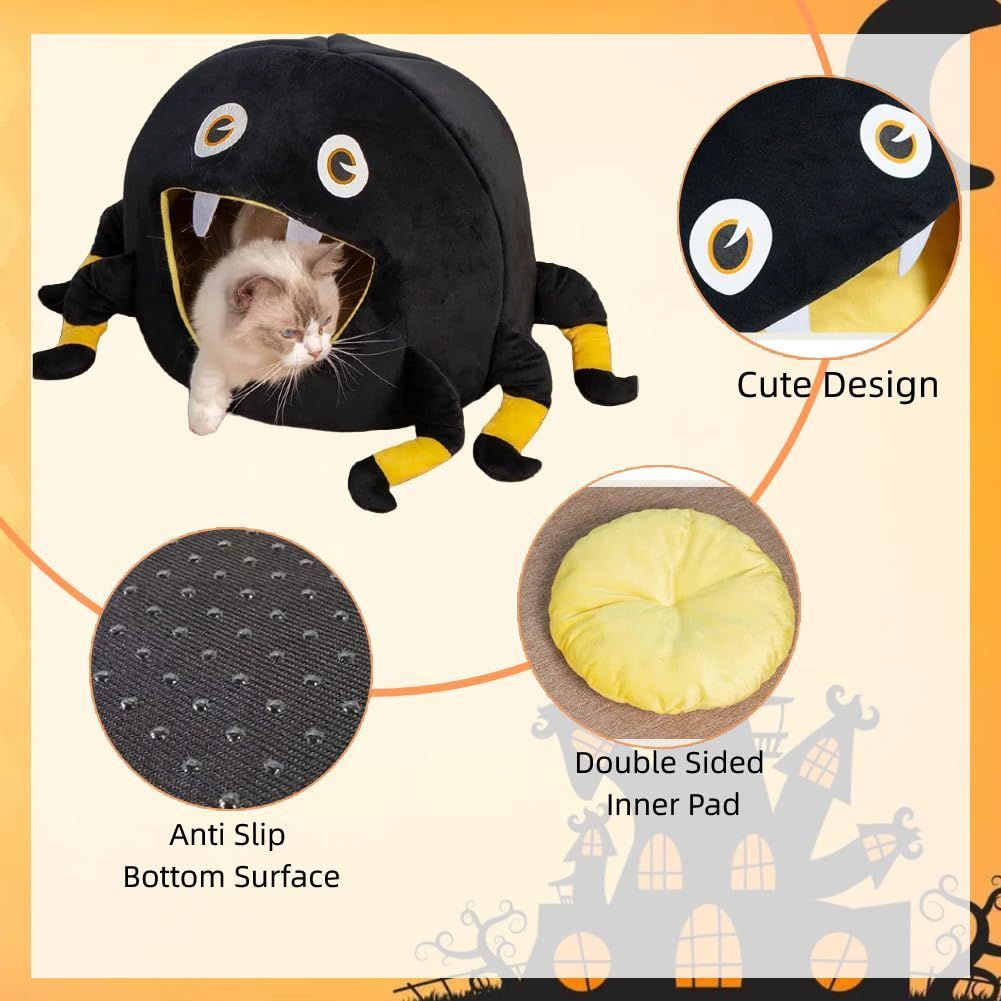 Black Spider Cat Nest Halloween Puppy Cave Warm Kitten Bed with Removable Washable Cushion