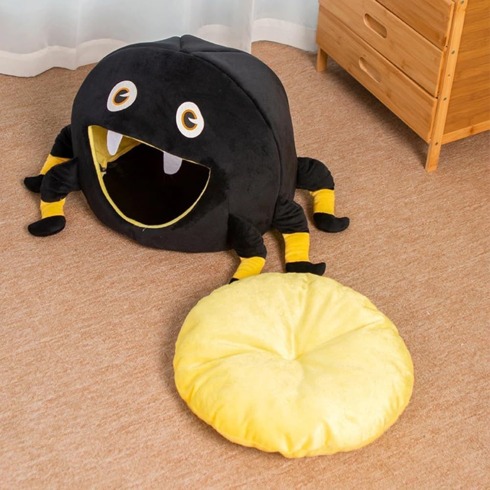 Black Spider Cat Nest Halloween Puppy Cave Warm Kitten Bed with Removable Washable Cushion