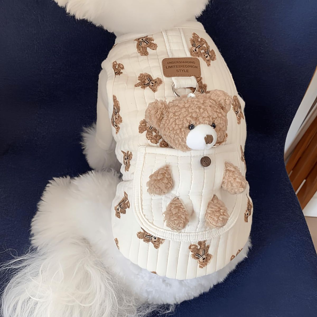 Pet Sweater Plush Bear Pattern Sleeveless Pet Clothing Puppy Outfit Kitten - Ivory - Size M