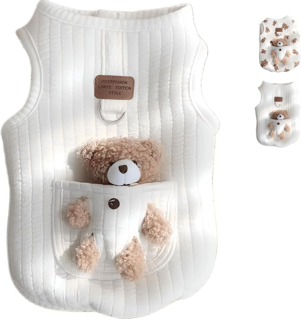Pet Sweater Plush Bear Pattern Sleeveless Pet Clothing Puppy Outfit Kitten - Ivory - Size XL