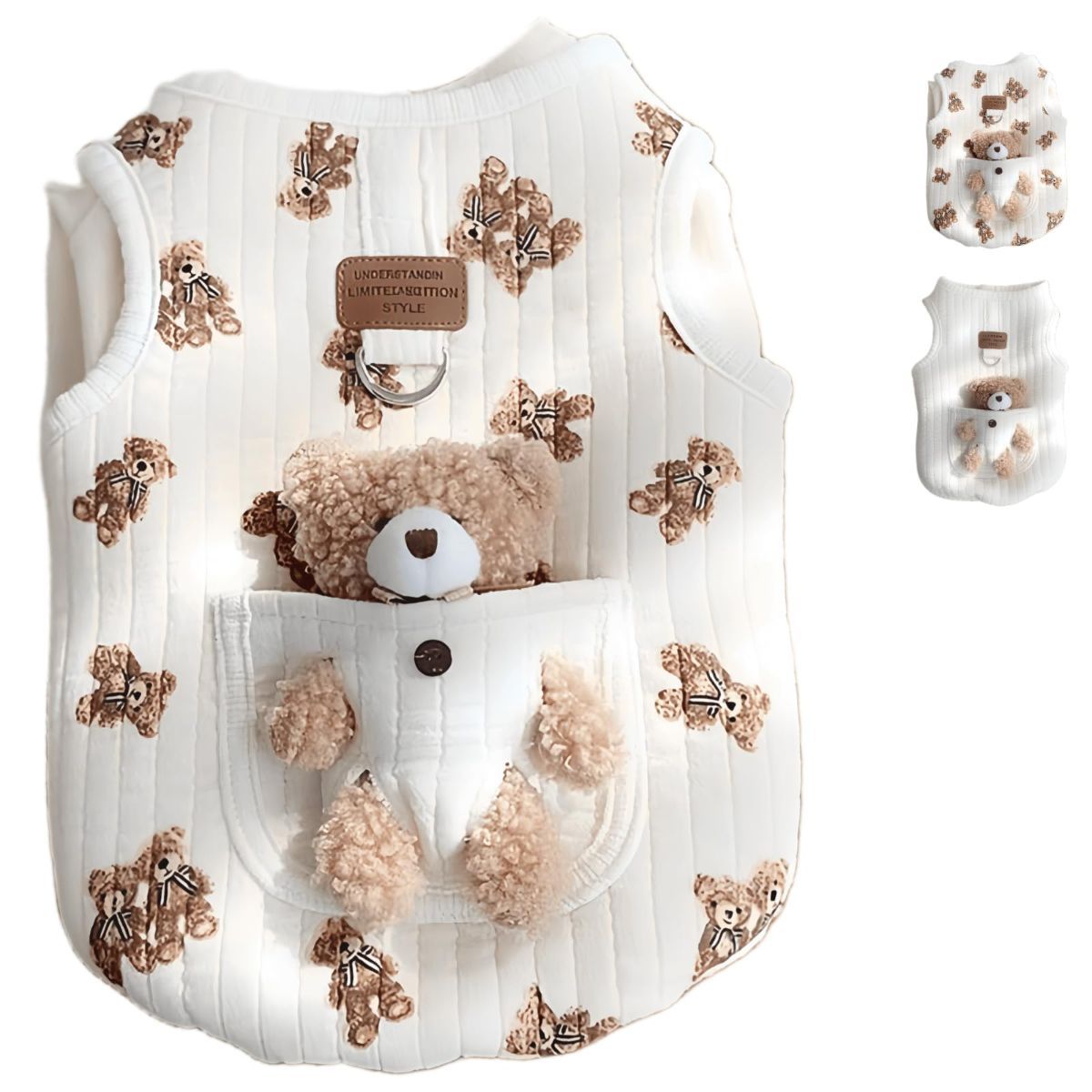 Pet Sweater Plush Bear Pattern Sleeveless Pet Clothing Puppy Outfit Kitten - White - Size M