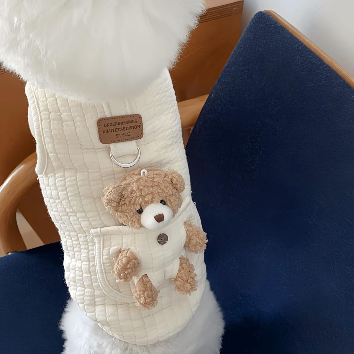 Pet Sweater Plush Bear Pattern Sleeveless Pet Clothing Puppy Outfit Kitten - White - Size M
