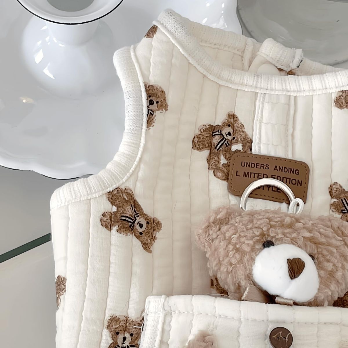 Pet Sweater Plush Bear Pattern Sleeveless Pet Clothing Puppy Outfit Kitten - White - Size M