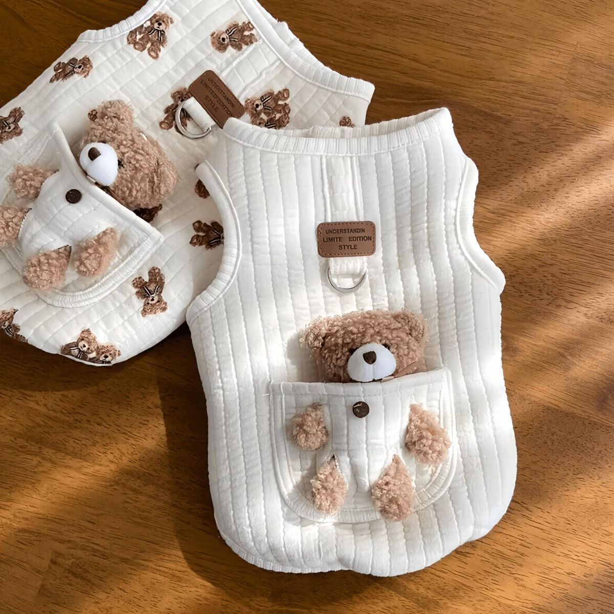 Pet Sweater Plush Bear Pattern Sleeveless Pet Clothing Puppy Outfit Kitten - White - Size M