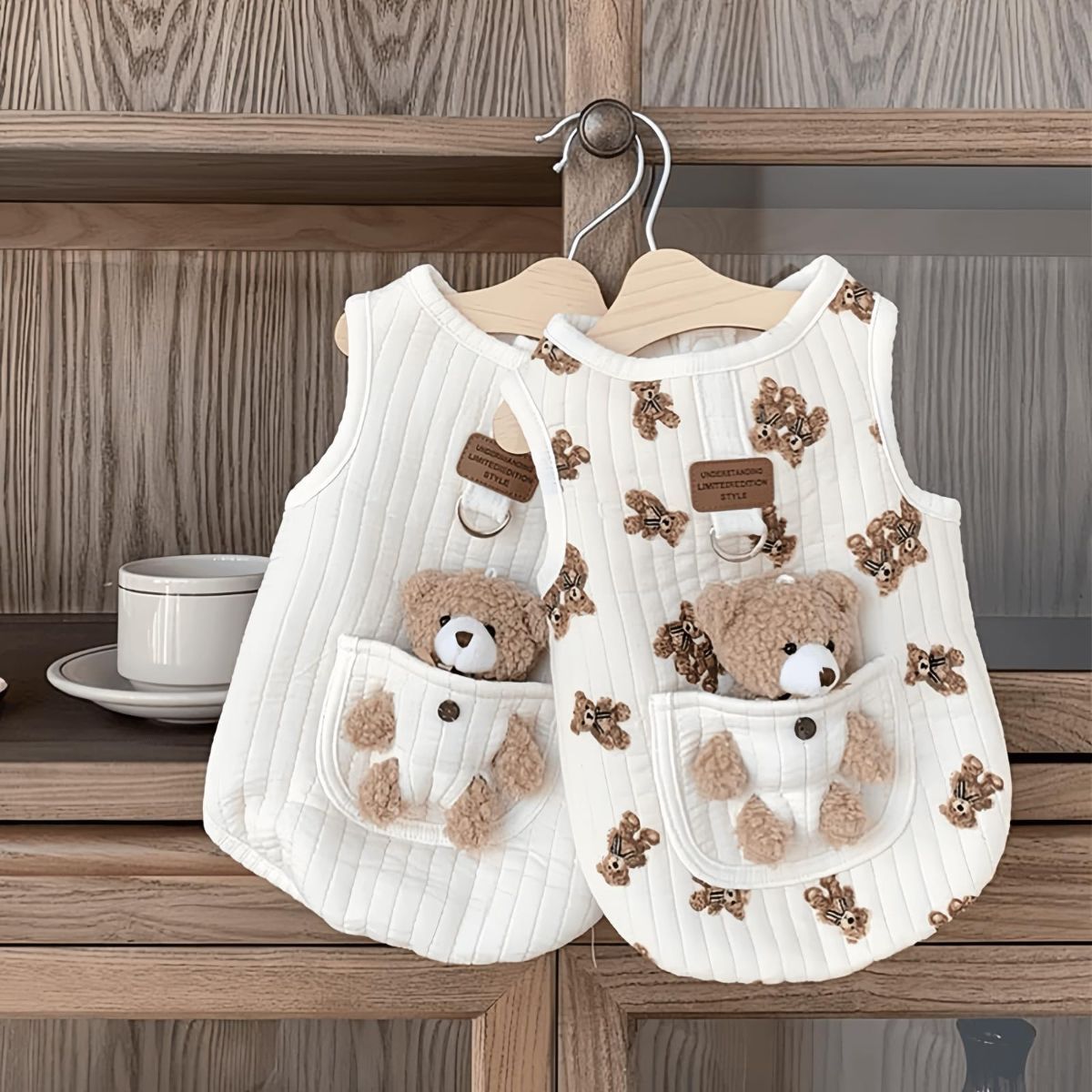 Pet Sweater Plush Bear Pattern Sleeveless Pet Clothing Puppy Outfit Kitten - White - Size S
