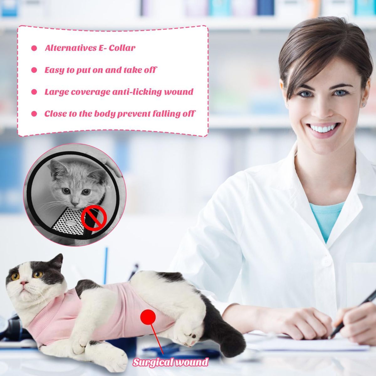 Cat Recovery Jumpsuit Abdominal Wound Protection Post-Surgery Cat Clothing - Pink - Size S(Above 16 oz)