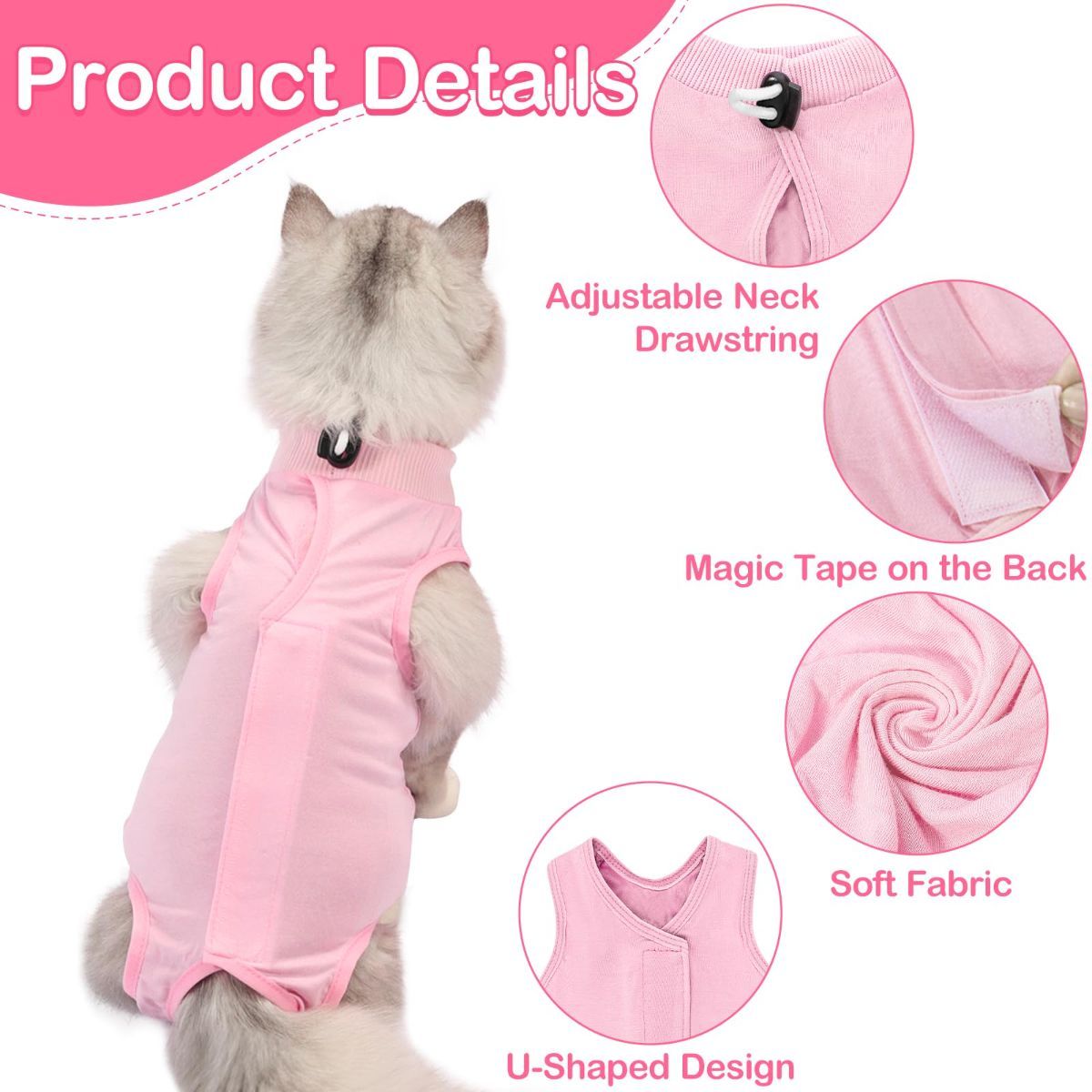 Cat Recovery Jumpsuit Abdominal Wound Protection Post-Surgery Cat Clothing - Pink - Size S(Above 16 oz)