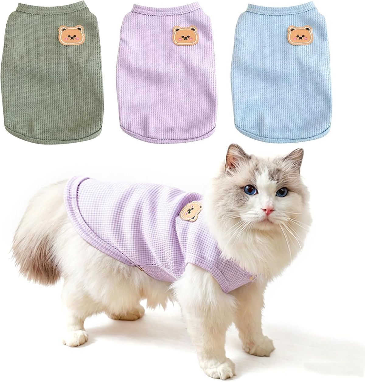 3PCS Waffle Knit Pet Shirt Sphynx Cat Clothing Small Dog T-Shirt Pet Fashion - Purple&Blue&Green / S(2-4lb)
