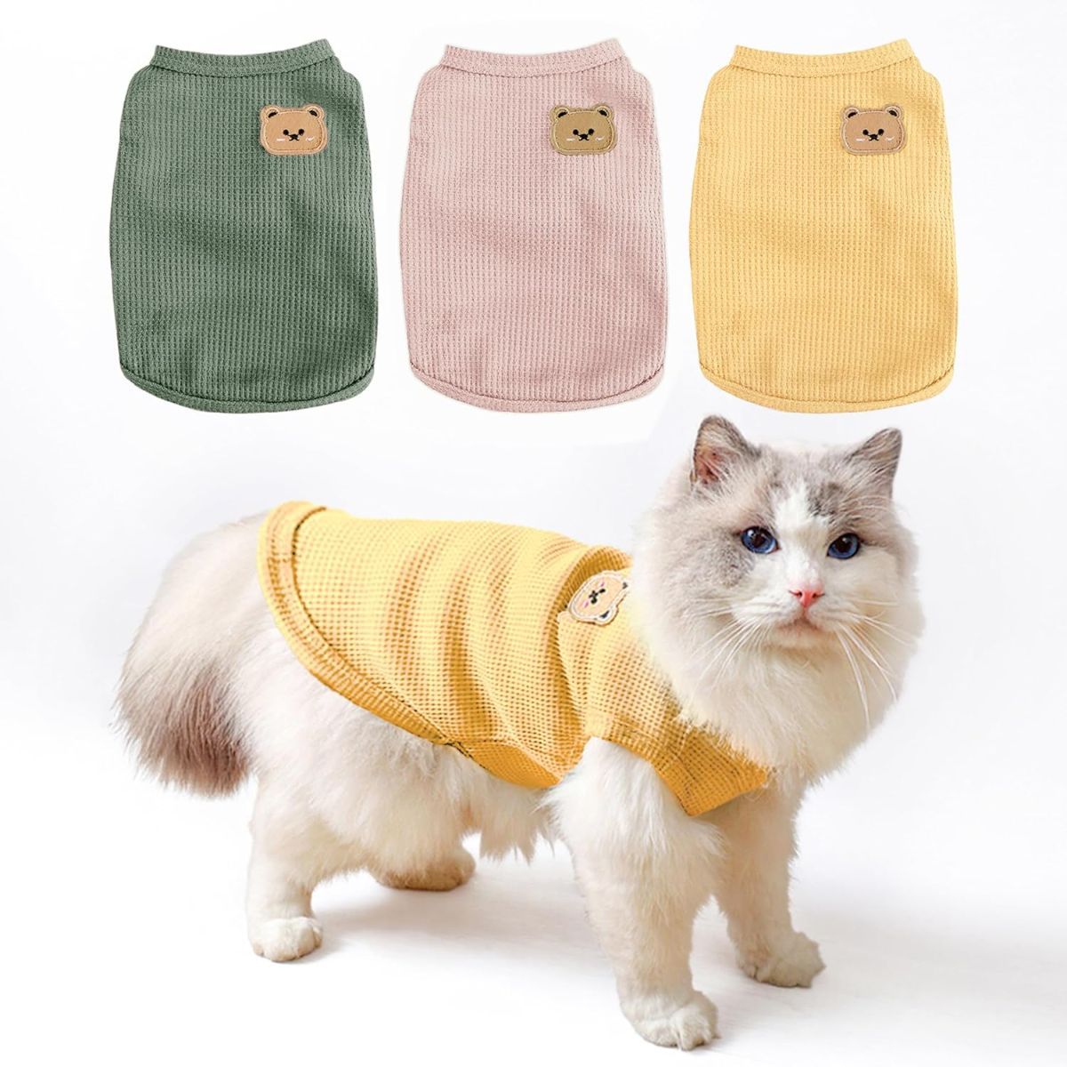 3PCS Waffle Knit Pet Shirt Sphynx Cat Clothing Small Dog T-Shirt Pet Fashion - Green&Pink&Yellow / L(7.6-12lb)