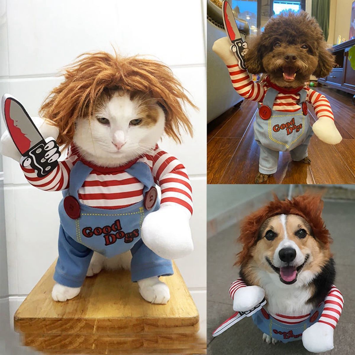 Pet Deadly Doll Dog Costume, Cosplay Halloween Christmas Funny Clothes Party Costume for Small Medium and Large Dogs - Blue - Size M
