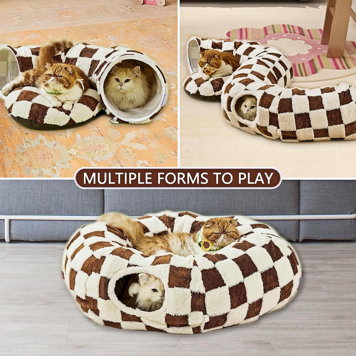 Cat Tunnel Bed with Washable Cushion for Indoor Cat, Donut Cave Tube Toys for Kitten Puppy Rabbit - Blue - Size 33.5in