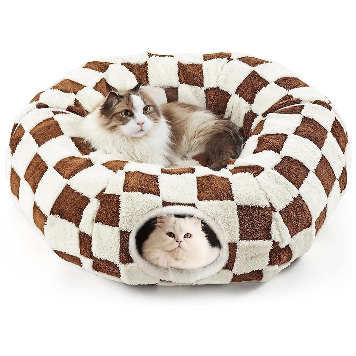 Cat Tunnel Bed with Washable Cushion for Indoor Cat, Donut Cave Tube Toys for Kitten Puppy Rabbit - Brown - Size 33.5in