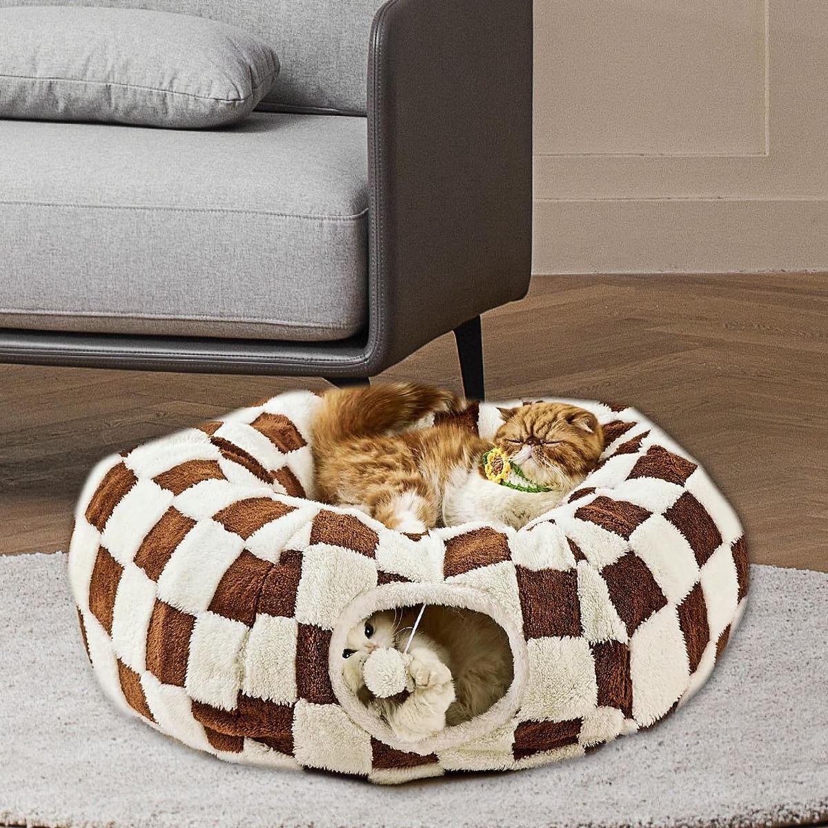 Cat Tunnel Bed with Washable Cushion for Indoor Cat, Donut Cave Tube Toys for Kitten Puppy Rabbit - Brown - Size 33.5in